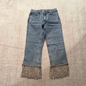 Alice + Olivia Blue Rhinestone Fringe Hem Wide Leg Jeans size 27 brand new